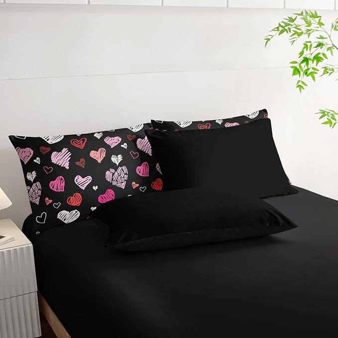Love Black Comforter Set King Size 7Pcs，Love Valentines Day Romantic Soft Bedding Set Pink Watercolor Kawaii Cartoon Love Heart Geometric, Bed Sheet Set Cartoon Love Decor
