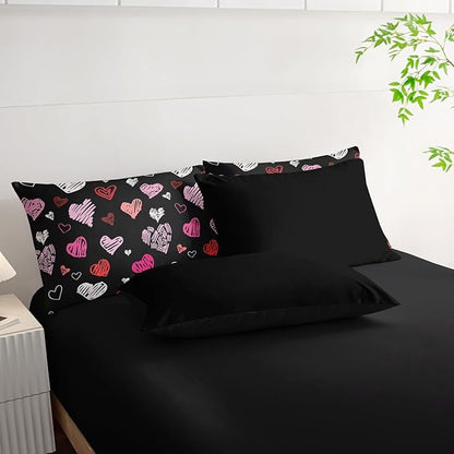 Love Black Comforter Set King Size 7Pcs，Love Valentines Day Romantic Soft Bedding Set Pink Watercolor Kawaii Cartoon Love Heart Geometric, Bed Sheet Set Cartoon Love Decor
