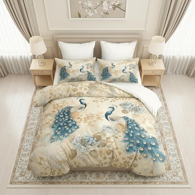 Peacock Comforter Set Twin Size, Oriental Birds Floral Bedding Set for Kids Bedroom Decor/68 * 86
