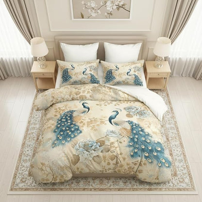 Peacock Comforter Set King Size, Oriental Birds Floral Soft Bedding Set with 2 Pillowcases, Great Bedroom Decor/104 * 90