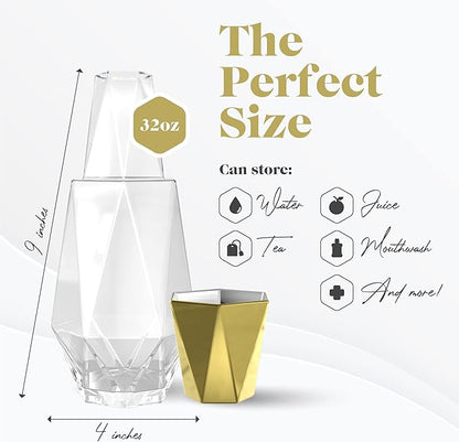 American Atelier 37 oz Fifth Avenue Modern Geometric Bedside Water Carafe with Tumbler Lid – 9" Glass Pitcher with Gold Accent for Nightstand, Guest Room & Office Drinkware (Gold)