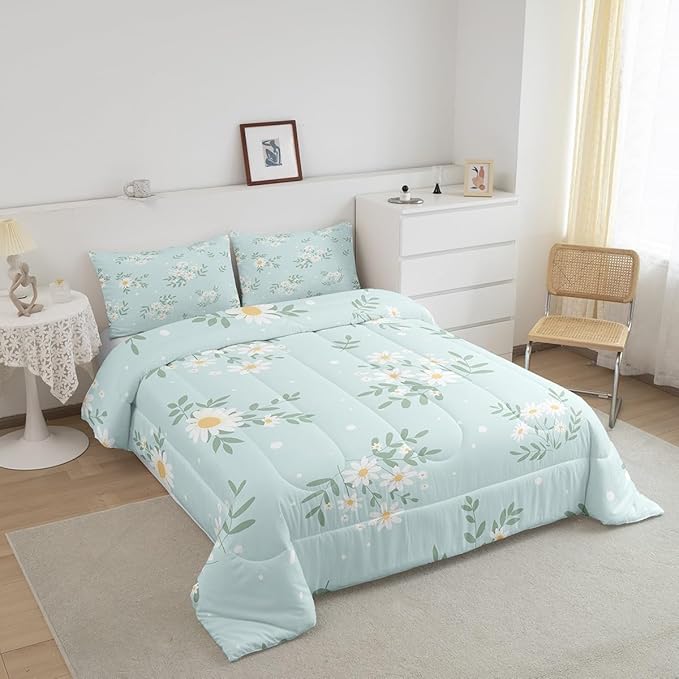 Manfei White Daisy Comforter Set King Size, Green Leaves Quilt Set with 2 Pillowcases, Botanical Garden Artwork Bedding Set 3pcs for Kids Boys Girls Bedroom Decor Lightweight Duvet Insert