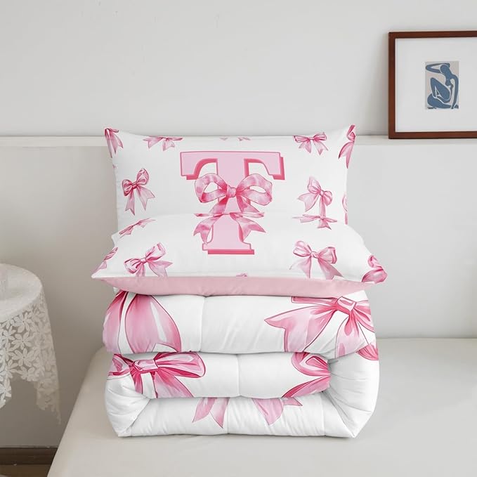 Erosebridal Kawaii Bowknot Girls Toddler Bedding Set Cute Initial Letter T Bow Bedding Comforter Sets Dreamy Princess Style Comforter Set for Kids Teen Women,Pink Chic Girly Bed Set Bedroom Decor
