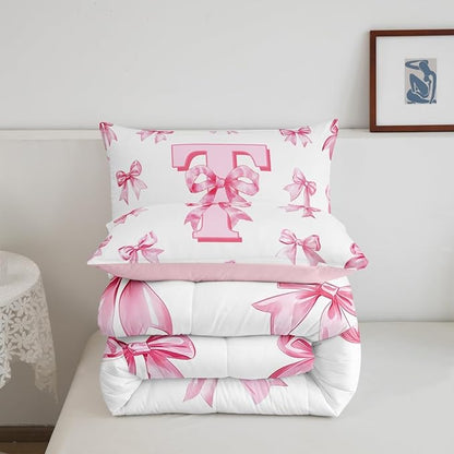 Erosebridal Kawaii Bowknot Girls Toddler Bedding Set Cute Initial Letter T Bow Bedding Comforter Sets Dreamy Princess Style Comforter Set for Kids Teen Women,Pink Chic Girly Bed Set Bedroom Decor