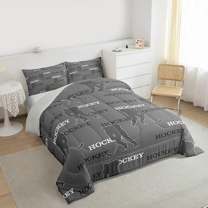 Manfei Hockey Players Kids Comforter Set Queen Size, Bedding Set,Girls Boys Room Decor,Ball Activity Game Quilt Comforter,Gray Duvet Set Bedroom Quilt Set,2 Pillowcases
