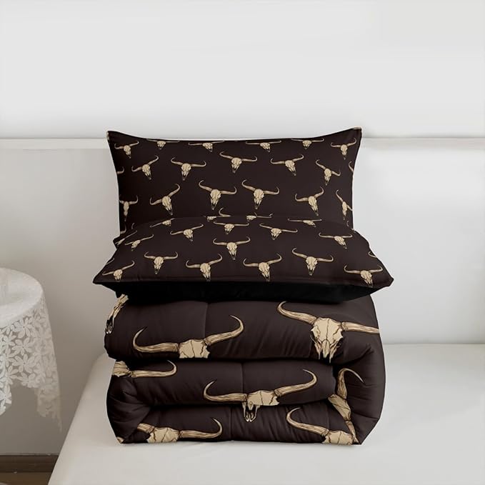 Erosebridal Bull Skull Comforter Set Full Ethnic Bohemian Bedding for Men Boys | Tribal Steer Skull Wildlife Aztec Bedroom Decor Farmhouse Cabin Lodge Duvet Insert with 2 Pillow Cases,Brown