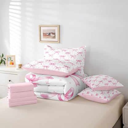 Erosebridal Starry Cute Pink White Bow Girls Full Comforter Set 7 Pieces | Kawaii Bow Girly Stripe Bed in A Bag for Bedroom Ribbon Kids Women Bedding Set with Comforters Plaid Checkered Room Decor