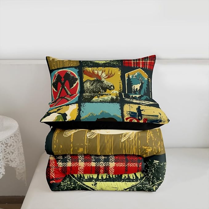 Hunting Bear Comforter Set, Rustic Farmhouse Bedding Sets for Kids Teens Adult Cabin Lodge Decor, Vintage Woodland Wildlife Moose Down Comforter, Retro Buffalo Plaid Quilted Duvet, Yellow Red, Twin