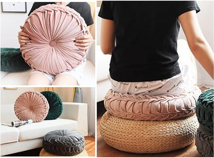 NatureMan 13.7 inch Round Sofa Cushion Pure Color Velvet Home Decor, Pleated Round Cushion, Pumpkin Pillow Suitable for Home Bed car Decoration (Pink)