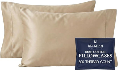 Beckham Hotel Collection 100% Cotton Pillow Cases Standard/Queen Size Set of 2, 500TC, Luxury Sateen Pillowcases, Open End, Breathable, Moisture-Wicking, Sand