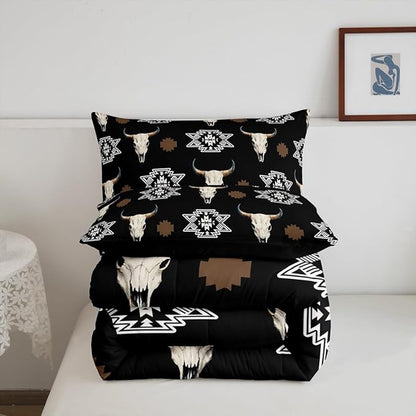 Feelyou Black Bull Skull Comforter Set Queen Size Kids Western Aztec Duvet Quilt for Boys Girls Teens Southwestern Bohemian Boho Wild Cowboy Tribal Rustic Bedding Set Soft Room Decor 3Pcs