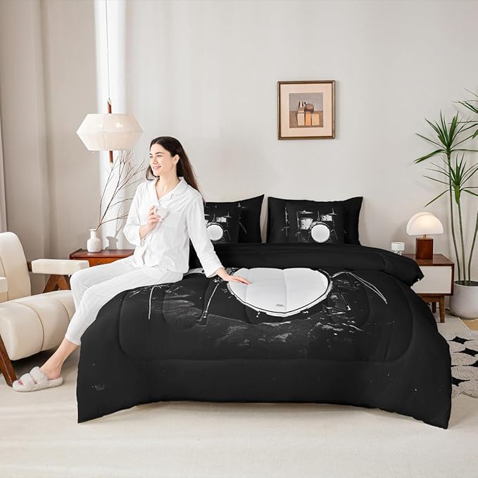 Erosebridal Drum Set 7 Piece Bedding Set Queen Size,Musical Instrument Bed in a Bag,Hip Hop Music Bed Set Includes Comforter, Sheet Set, Pillowcases & Pillow Covers All Season Bedroom Decor