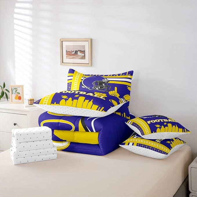 Feelyou Football 7 Pieces Comforter Sets Rugby Sports Bedding Set Queen Size Sports Theme Bed in a Bag with Comforter, Sheets, Pillowcases & Cushion Cover