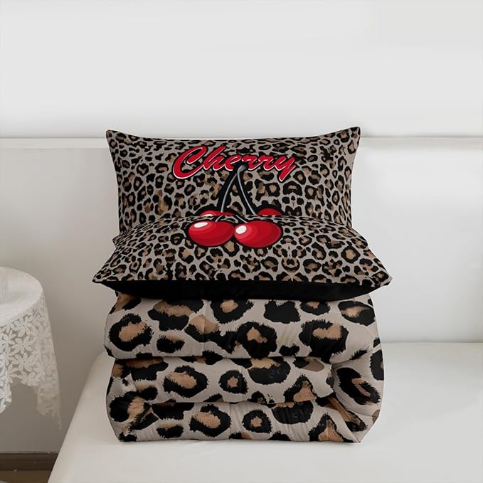 Erosebridal Cherry Leopard Queen Comforter Set for Kids Teens Adults,African Cheetah Print Bedding Set,Oil Painting Cherry Duvet Insert,Farmhouse Bed Set for All Season