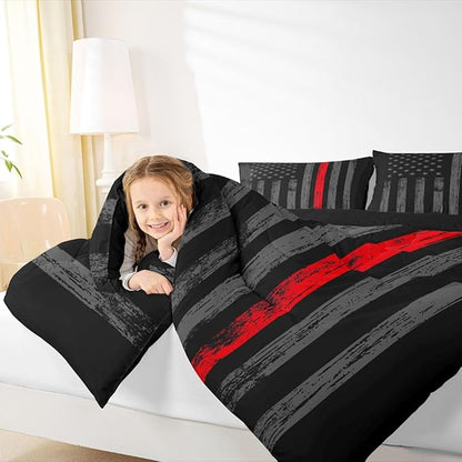 Erosebridal American Flag Comforter Set Queen Black Grey Red Line Flag Bedding Set for Men Boys Kids Girls Novelty Star Stripe Down Comforter Retro Vintage Flags Bedding Sets & Collections