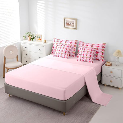 Erosebridal Bowknot Strawberry Pink Girls King 7-Piece Comforter Set | Love Hearts Kawaii Sheets and Pillowcases Cute Fruits Bow Bed in A Bag Kids Girly Women Bed Sets
