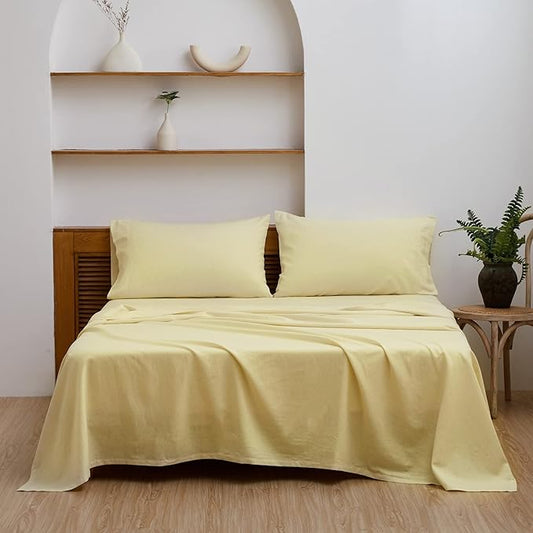 Simple&Opulence Belgian Linen Sheet Set Solid Color - 4 Pieces (1 Flat Sheet, 1 Fitted Sheet & 2 Pillowcases) Natural Flax Cotton Blend Soft Breathable Farmhouse Bedding - Full Size, Pale Yellow