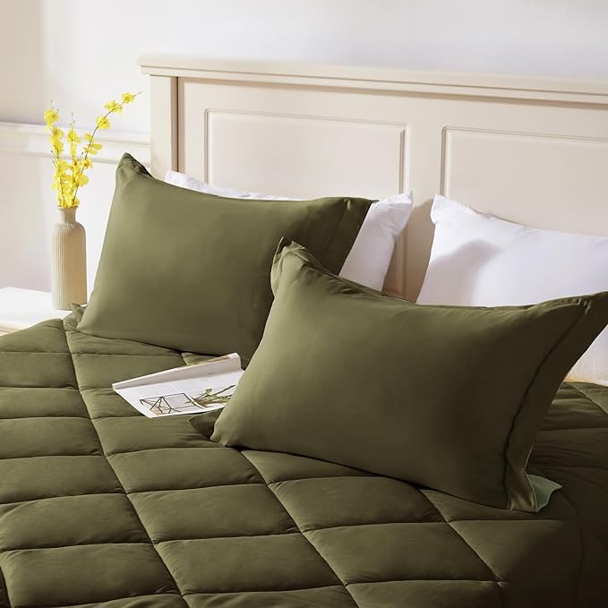 NexHome Queen Comforter Set Olive&Sage,3 Pieces Lightweight Comforters Queen Size Reversible Bedding Comforters Sets,Down Alternative Comforter Bed Set Quilt Blanket(88x88In Comforter & 2 Pillowsham)