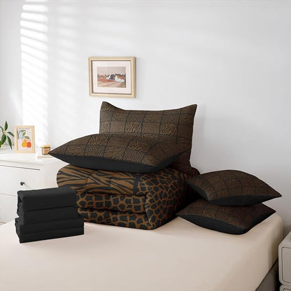 Safari Animals Fur Print Comforter Sets Full 7 Pcs,Wildlife Zebra Skin Kids Bedding Set,Jungle Animal Brown Duvet Set with Comforter,Flat Sheet,Fitted Sheet,Pillowcases and Pillow Covers,Reversible
