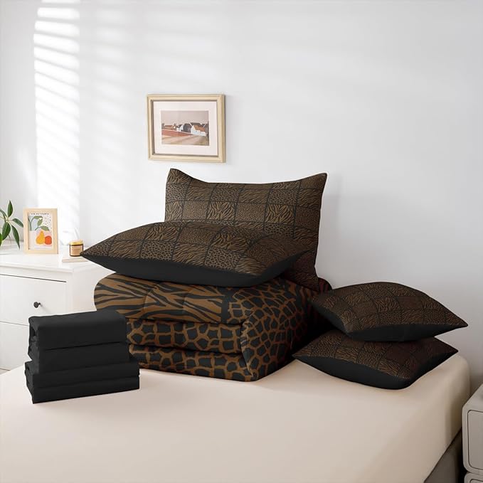 Safari Animals Fur Print Kids Comforter Sets in a Bag 7 Pcs,Wildlife Leopard Zebra Skin Bedding,Jungle Animal Brown Double-Sided Print Bed Sets in a Bag with Comforter,Sheets and Pillow Cases,Twin
