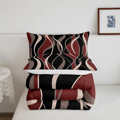 Erosebridal Geometric Bedding Sets King Modern Comforter Set, Aesthetic Stripe Duvet Insert Vintage Abstract Quilt Comforter, Red Pink Brown Black Bedding Comforters & Sets Soft Cozy Breathable 3pcs