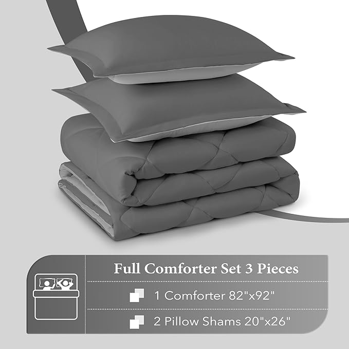 downluxe Full Size Comforter Set - Charcoal and Grey Full Comforter - Soft Bedding Sets for All Seasons -3- Piece Comforter Set Full with 2 Reversible Pillow Shams