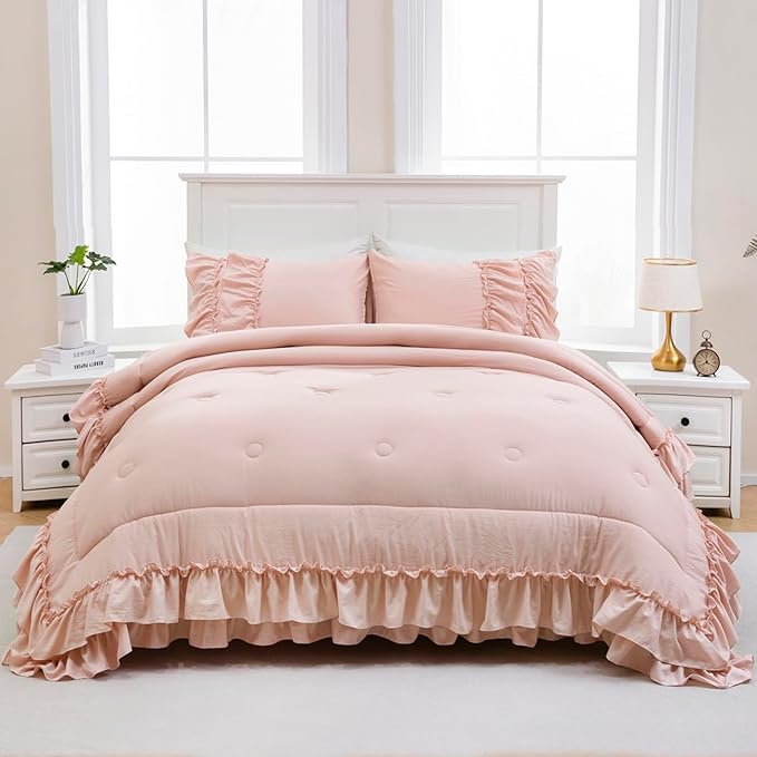 Bedding_Dreamer Ruffle Comforter Set King Shabby Chic Bedding Set 2 Layers Ruffles Home Decor Vintage Farmhouse Soft Down Comforter Blush Pink Quilt Set…