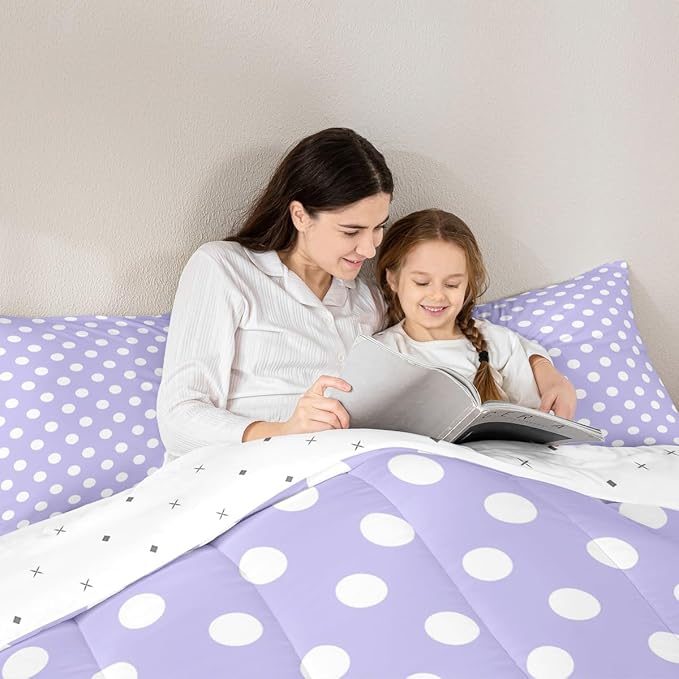 Manfei Polka Dots Comforter Set Full Size,Cartoon French Style Princess Purple White Bedding Set 3 Pcs for Teens Young,Modern Geometric Circles Abstract Simple Art Comforter,2 Pillowcases