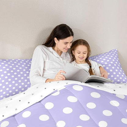 Manfei Polka Dots Comforter Set Full Size,Cartoon French Style Princess Purple White Bedding Set 3 Pcs for Teens Young,Modern Geometric Circles Abstract Simple Art Comforter,2 Pillowcases