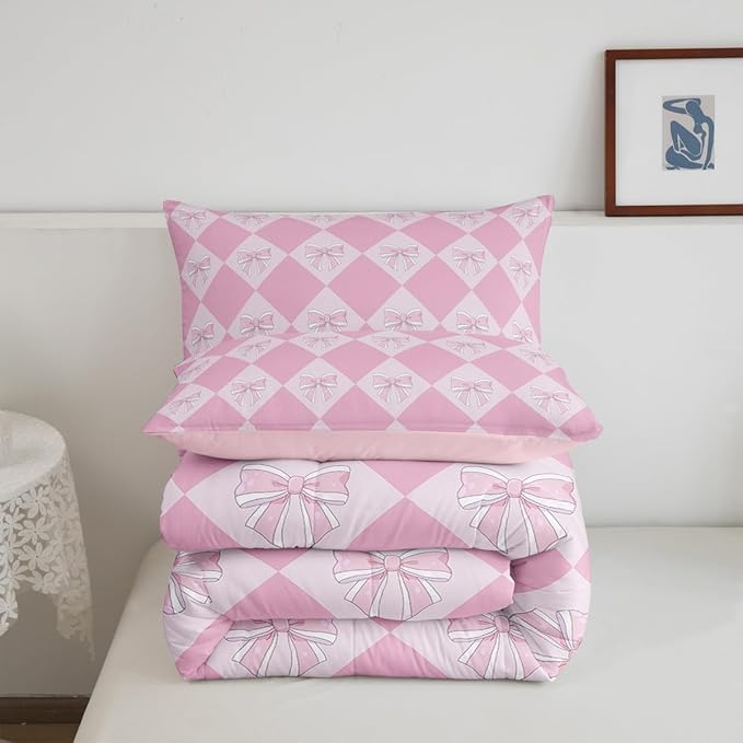 Erosebridal Kids Kawaii Bowknot Comforter Set King Fantasy Princess Bedding Comforter Sets for Kids Girls Teen Room Decor,Pink Girly Plaid Bedding Set Cute Bow Checkered Quilt Duvet 2 Pillow Cases