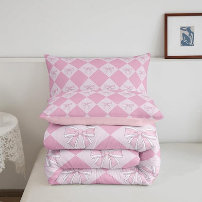 Erosebridal Kids Kawaii Bowknot Comforter Set King Fantasy Princess Bedding Comforter Sets for Kids Girls Teen Room Decor,Pink Girly Plaid Bedding Set Cute Bow Checkered Quilt Duvet 2 Pillow Cases