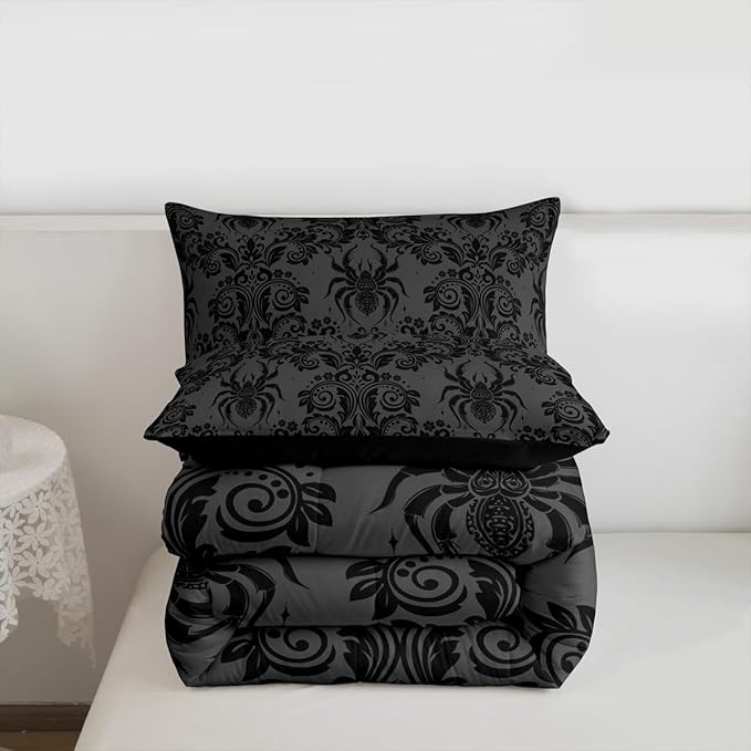 Feelyou Adults Gothic Comforter Set Queen Size Dark Olive Green Damask Bedding Set for Kids Boys Girls Spider Duvet Quilt Bedroom Decor Microfiber 3 Pcs with 2 Pillow Cases