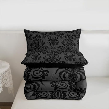 Feelyou Adults Gothic Comforter Set Queen Size Dark Olive Green Damask Bedding Set for Kids Boys Girls Spider Duvet Quilt Bedroom Decor Microfiber 3 Pcs with 2 Pillow Cases