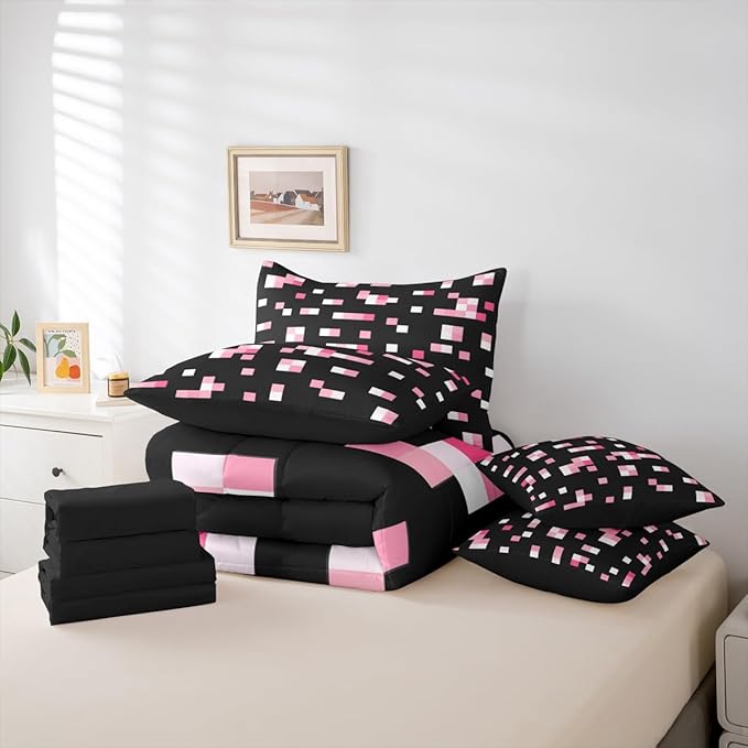 Castle Fairy Pink Geometric Grid 7 Piece Comforter Set Queen Size,Miner Theme All Season Reversible Bed in a Bag Geometric Grid Bedding Sets Pixelated Style Flat Sheet,Fitted Sheet,Pillowcases