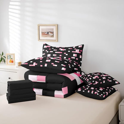 Castle Fairy Pink Geometric Grid 7 Piece Comforter Set Queen Size,Miner Theme All Season Reversible Bed in a Bag Geometric Grid Bedding Sets Pixelated Style Flat Sheet,Fitted Sheet,Pillowcases