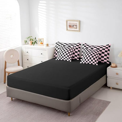 Feelyou Checkered 7 Piece Bedding Set Teen Pink Black Plaid Comforter Set with Sheets Queen Size Kids Boys Cute Retro Neutral Checkerboard Geometric Bed in a Bag Vintage Aesthetic Room Decor