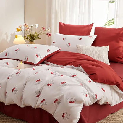 White Queen Comforter Set - Red Cherry Comforter Set Queen Size, Heart Quilt Bedding Set 3 Pieces, Soft & Lightweight Comforter(90‘’ x 90‘’) for Girl All Season & 2 Pillowcases(30‘’x20‘’)