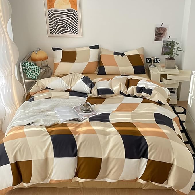 CLOTHKNOW Plaid Comforter Set Twin/Twin XL Brown White Grid Bedding Comfrter Sets Beige Khaki Black Checkere Bedding Sets Geometric Comforter Colorful Plaid