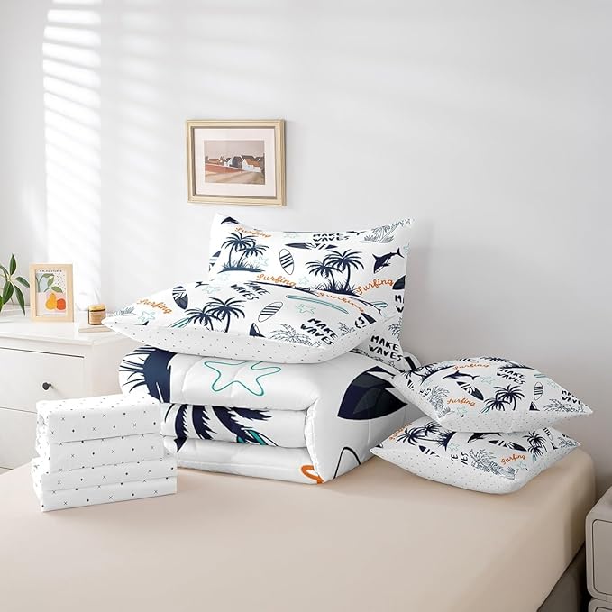 Feelyou Ocean Beach Comforter Set King Size 7 Pcs Kids Summer Tropical Comforter Bed in a Bag Shark Palm Tree Bedding Set for Boys Girls Teens Surfing Bed Set with Sheets, Pillowcases, Pillow Covers