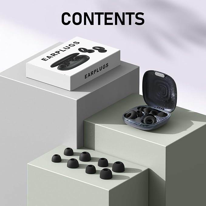 Noise Cancelling Ear Plugs for Sleeping, Concerts & Travel – Reusable Silicone Earplugs for Noise Reduction & Hearing Protection – 4 Pairs, Black + Black
