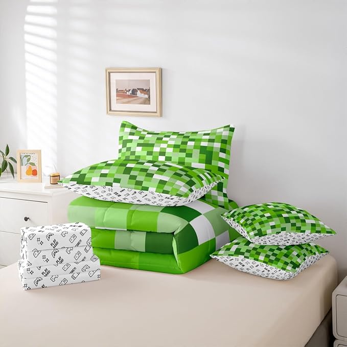 Castle Fairy Pixel Style Games 7 Piece Comforter & Sheet Sets King Size,Miner Theme Bedding Set Light Green Block Bed in a Bag Building Gaming Flat & Fitted Sheets,4 Pillow Covers