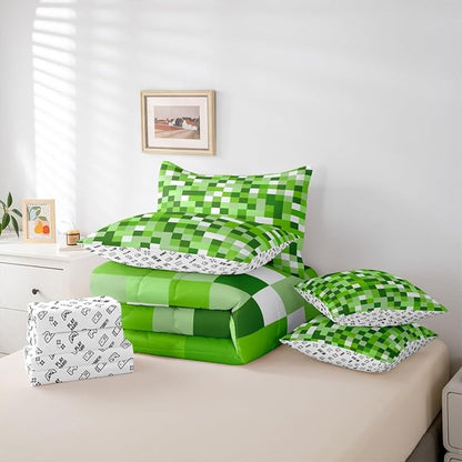 Castle Fairy Pixel Style Games 7 Piece Bedding Set Queen Size,Miner Theme Comforter & Sheet Sets Light Green Block Bed in a Bag Building Gaming Flat & Fitted Sheets,4 Pillow Covers