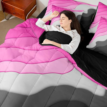 Pink Grey Black Ombre King Comforter Set 7 Pieces Kids Teens Adults Geometric Stripe Bedding Comforter Sets, Aesthetic Wave Bed in a Bag Modern Abstract Bedding Set, Gradient Bed Sheets Set