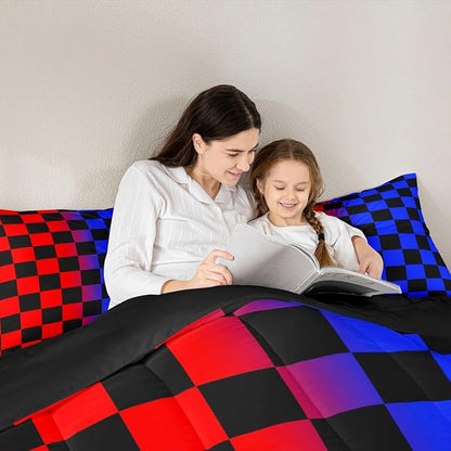 Feelyou Checkered Kids Comforter Set King Size Red Blue Plaid Bedding Set Cute Retro Neutral Checkerboard Geometric Duvet Quilt for Kids Boys Girls Bedroom Vintage Aesthetic Decor