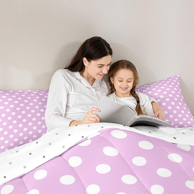 Manfei Polka Dots Comforter Set Toddler Size,Cartoon French Style Dots Rose Pink White Bedding Set for Kids Teens,Modern Geometric Circles Abstract Simple Art Comforter,2 Pcs 1 Pillowcase