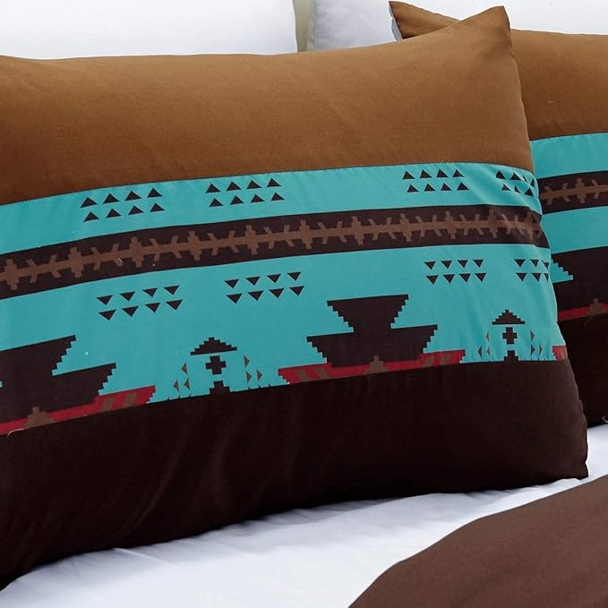 WPM WORLD PRODUCTS MART 3 Piece Western Southwestern Native American Design Comforter Set Multicolor Teal Coffee Brown Embroidered King Size Navajo Bedding Set- Makala (King)
