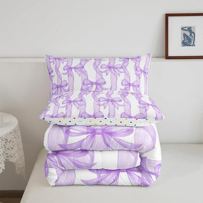 Bow Ribbon Bedding Sets King Size,Purple Bowknot Stripes Girl Comforter Set 3Pcs for Kids Woman Youth Room Decor,Girly Butterfly Tie Quilted Duvet Dreamy Princess Style Down Comforter,2 Pillowcases