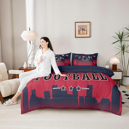 Erosebridal American Soccer City Bed in A Bag Full Size for Kids Boys Teen Adults,Sports Rugby Comforter Set with Sheets Red Blue Ombre 7 Piece Bedding Set Ball Competitive Games Bed Set