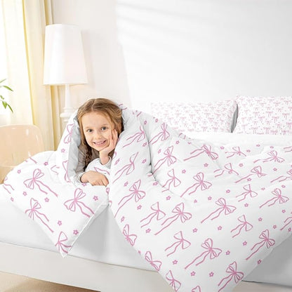 Castle Fairy Bow Print Comforter Set Twin Size,Pink Bow Bedding Sets 2Pcs for Kids Girls Boys Room Decor,Flower Floral Duvet Insert Princess Pink Quilted Duvet,1 Pillowcase