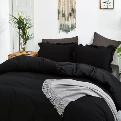CLOTHKNOW Black Ruffles Comforter King Size Set Farmhouse Bedding Comforter Sets Shabby Chic Comforter Boho Comforter with 2 x Pillowcases